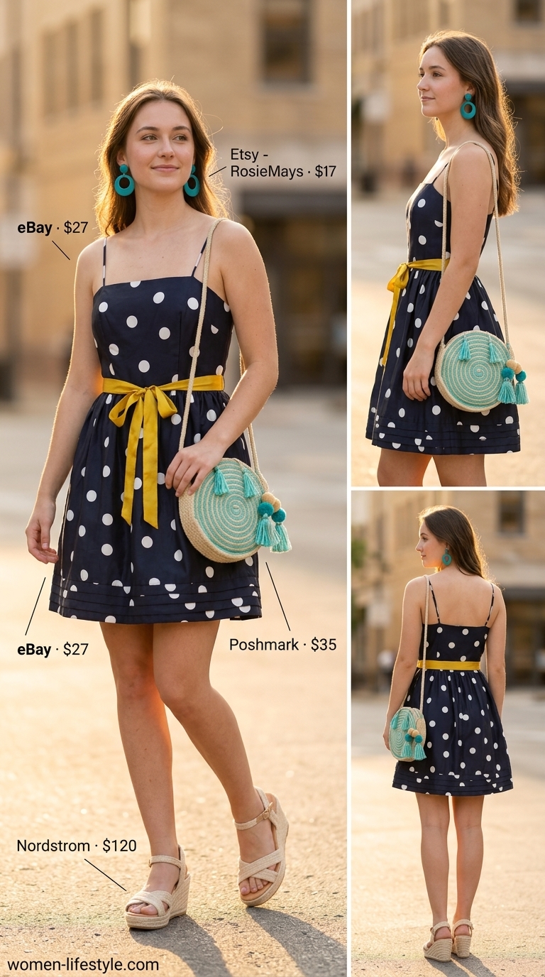 Navy summer polka dots outfits for women 2026: Retro festival mini dress with espadrille wedges and straw bag.