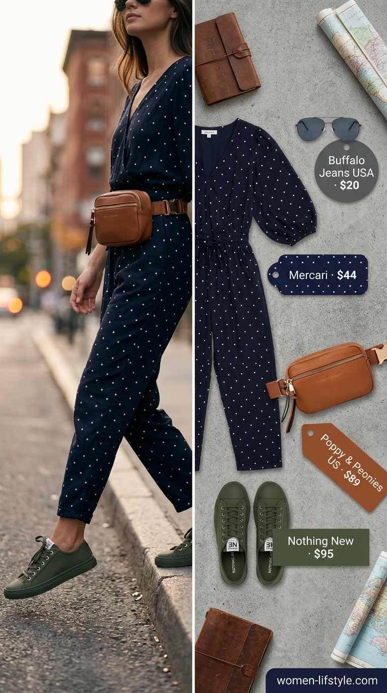 Navy summer polka dots outfits for women 2026: Adventurous utility jumpsuit with khaki sneakers and aviators.