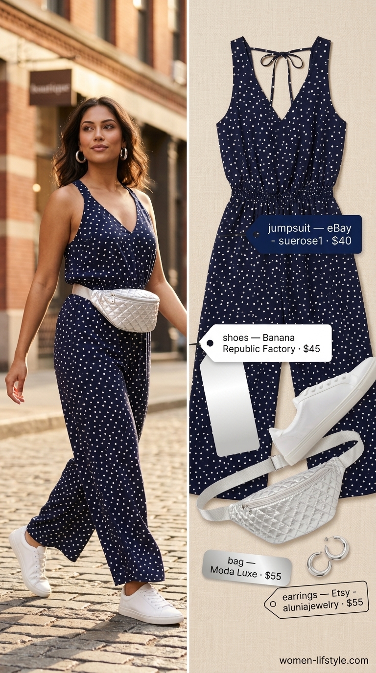 Navy summer polka dots outfits for women 2026: Urban utility jumpsuit with white sneakers and silver accessories.