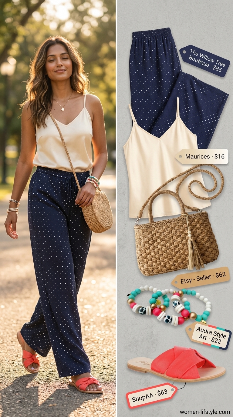 Navy summer polka dots outfits for women 2026: Coastal linen pants with cream camisole and coral sandals.