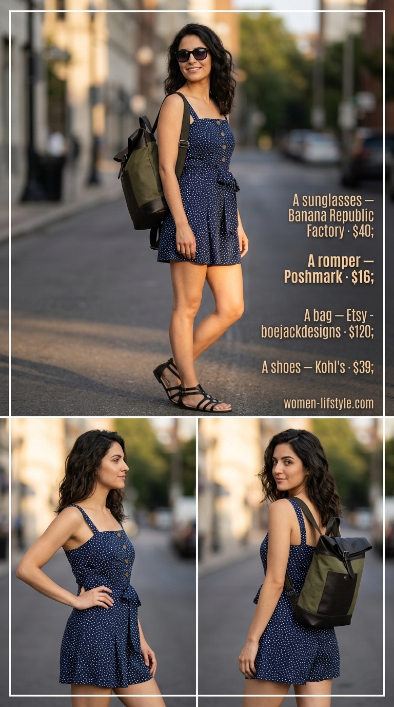 Navy summer polka dots outfits for women 2026: Casual travel romper with olive green backpack and black sandals.