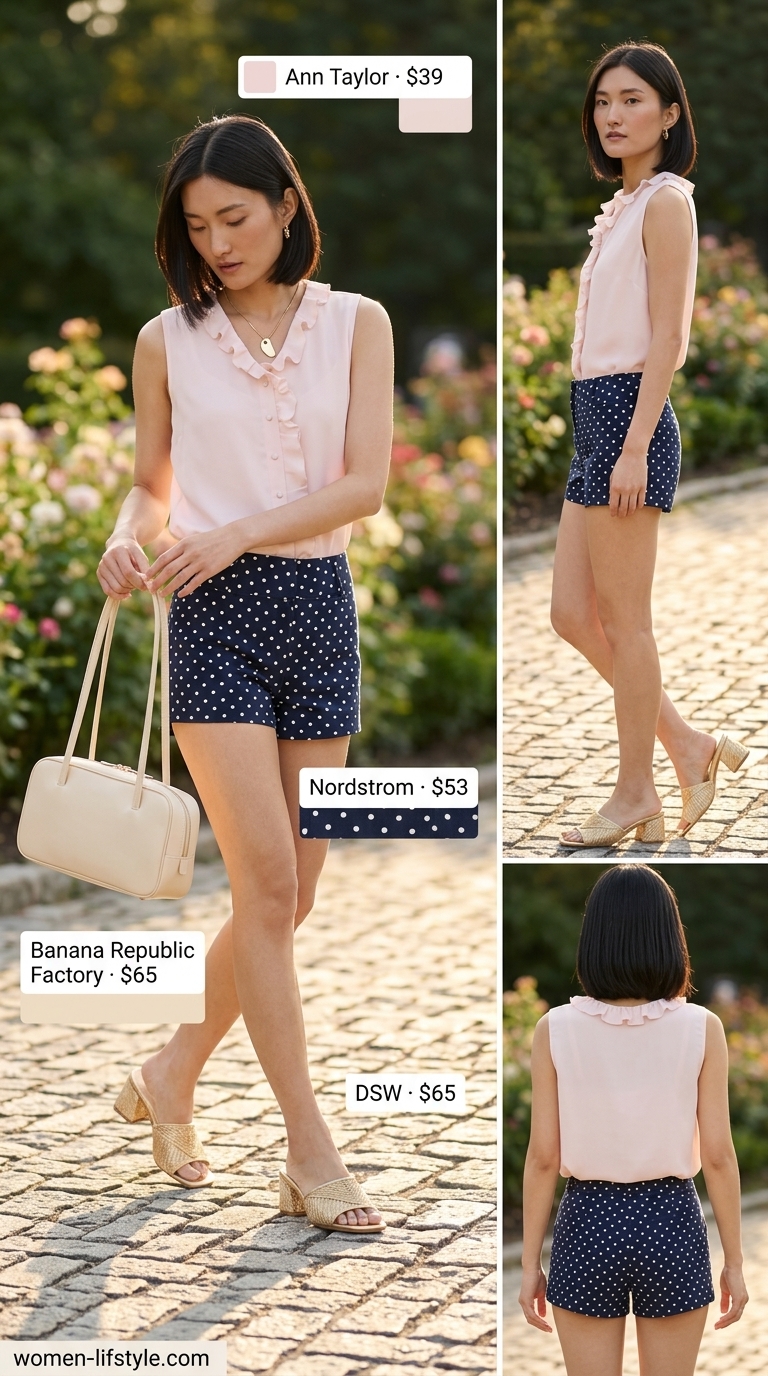 Navy summer polka dots outfits for women 2026: Garden party shorts with blush pink blouse and gold mules.