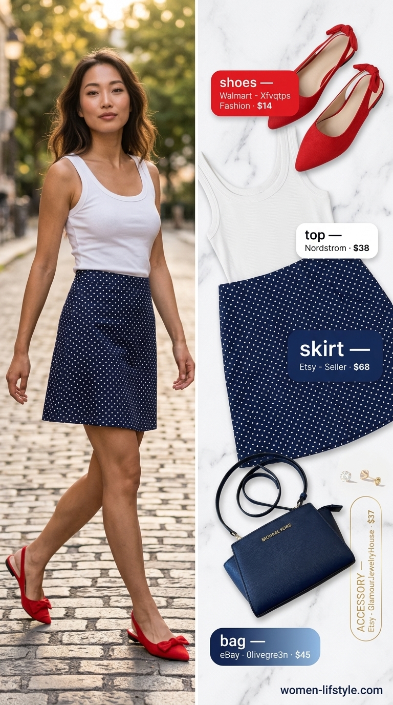 Navy summer polka dots outfits for women 2026: Chic brunch look with A-line midi skirt and white knit top.