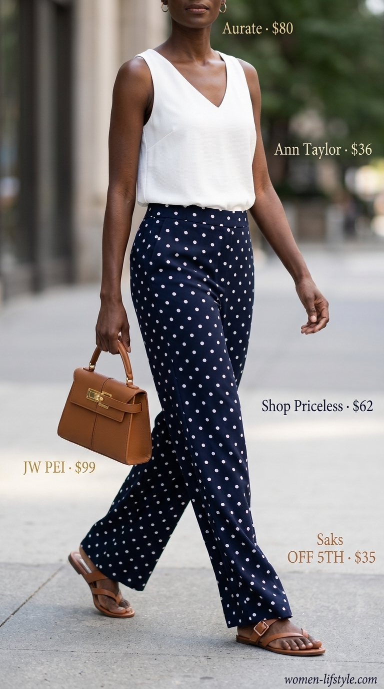 Navy summer polka dots outfits for women 2026: Chic wide-leg trousers with white blouse and tan slides.