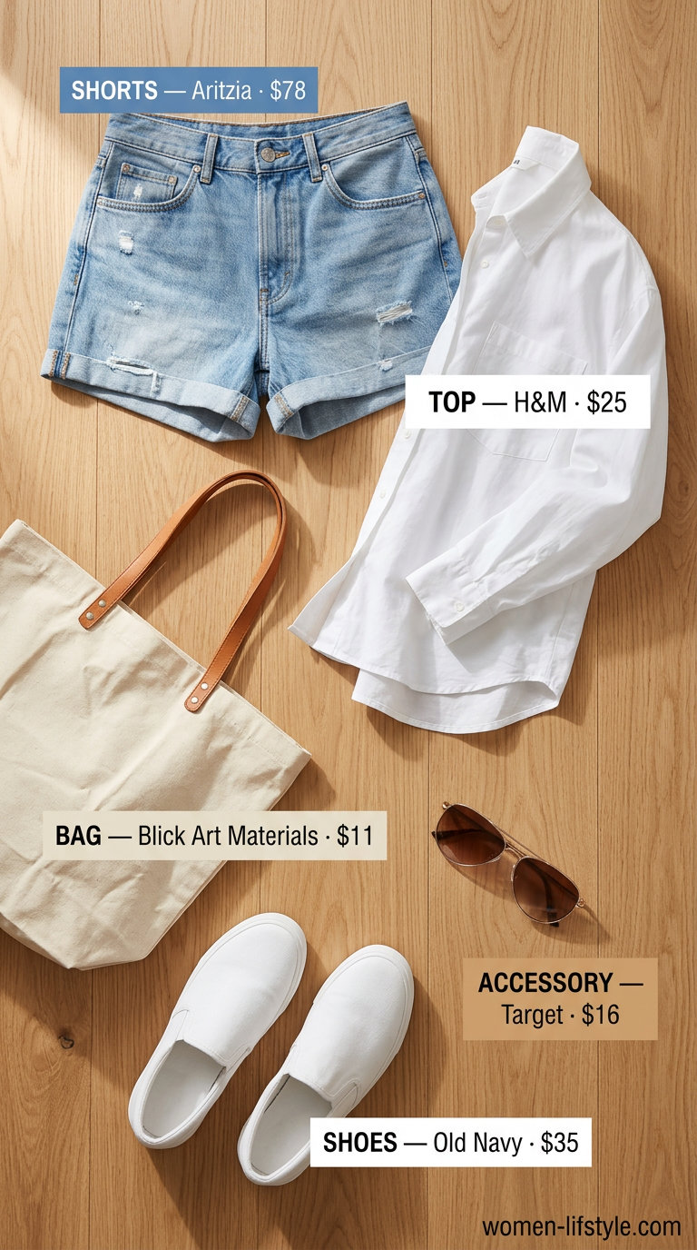 Denim Shorts Style: Neutral Summer Basic Outfit for Women 2026 Light wash denim shorts with an oversized white shirt for a casual neutral summer basic outfit for women 2026.