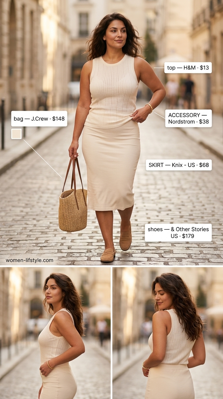 Knit Skirt Style: Neutral Summer Basic Outfit for Women 2026 Ivory knit midi skirt with a cream knit tank and loafers for a comfortable neutral summer basic outfit for women 2026.