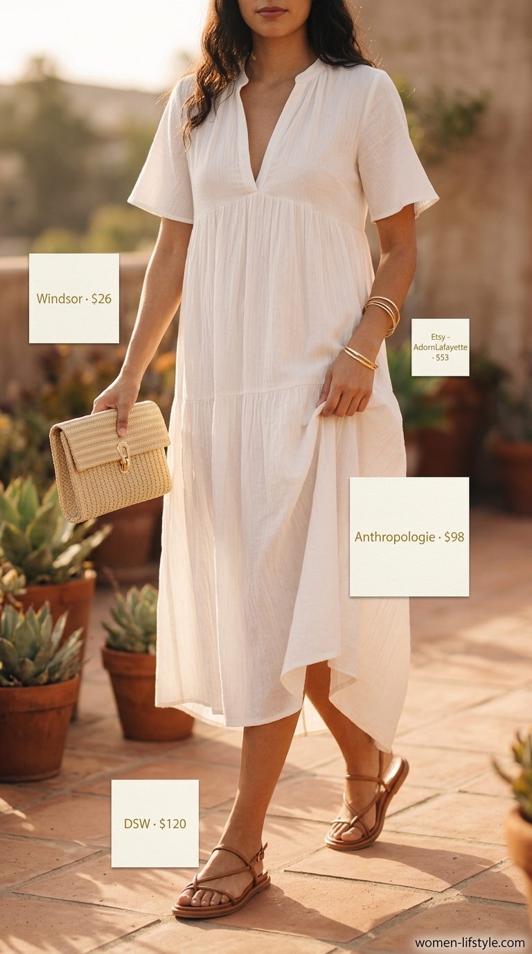 Maxi Dress Elegance: Neutral Summer Basic Outfit for Women 2026 Ivory flowy maxi dress with tan sandals and gold bangles for an elegant neutral summer basic outfit for women 2026.