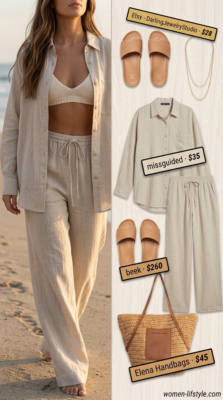 Coastal Chic Neutral Summer Basic Outfit 2026 Relaxed neutral summer basic outfit for women 2026: Oatmeal linen set, tan sandals, and straw tote for beach vacation.