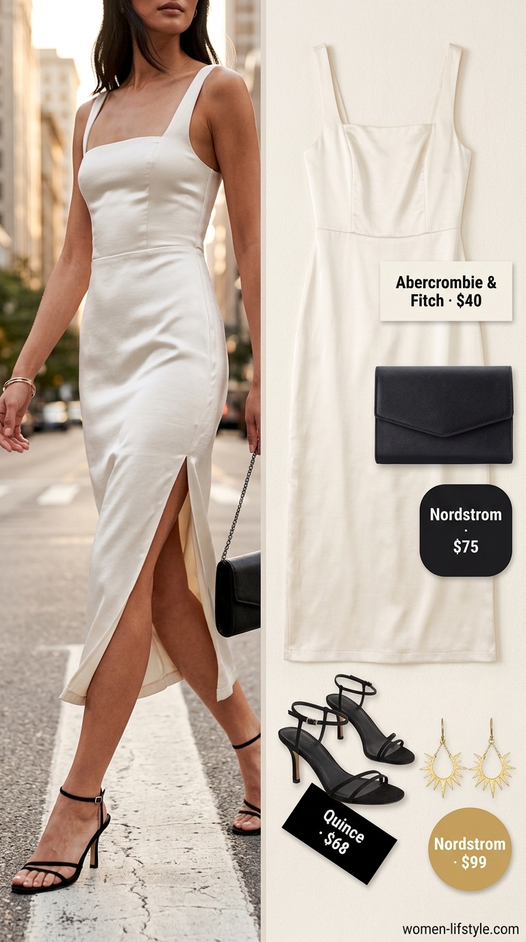 Elegant Neutral Summer Basic Outfit for Women 2026 Sophisticated neutral summer basic outfit for women 2026: Cream satin slip dress, black heels, and gold earrings for date night.