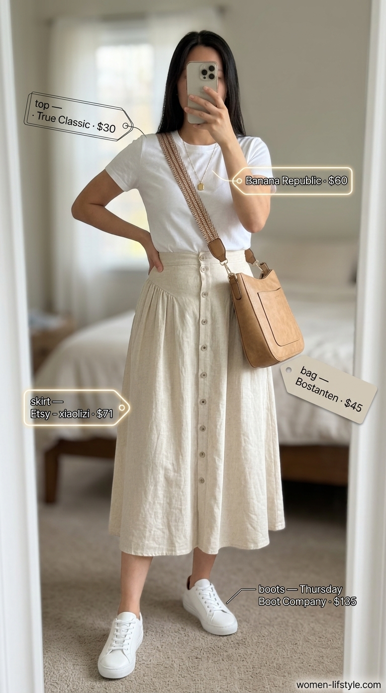 Effortless Neutral Summer Basic Outfit for Women 2026 Classic neutral summer basic outfit for women 2026: Linen midi skirt, white tee, and sneakers for weekend brunch.