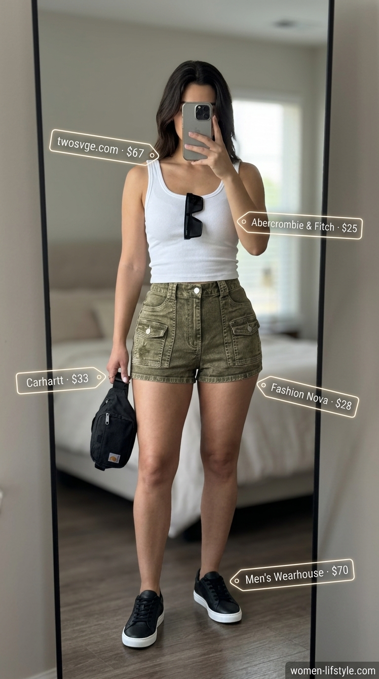 Olive green cargo shorts, white tank & black sneakers for a trendy neutral summer basic outfit for women 2026.