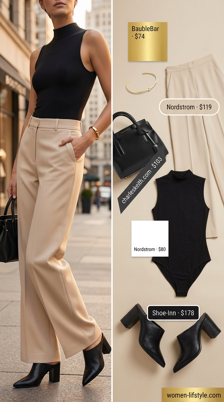 Wide Leg Trousers: Neutral Summer Basic Outfit for Women 2026 Sand wide-leg trousers, black bodysuit & heeled mules for a sophisticated neutral summer basic outfit for women 2026.