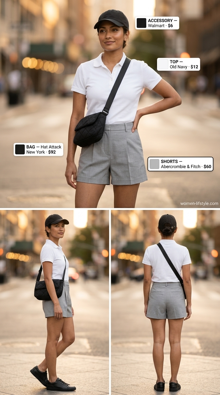 Sporty Neutral Summer Basic Outfit for Women 2026 Sporty neutral summer basic outfit for women 2026: Grey shorts, white polo, and sneakers for active weekend.