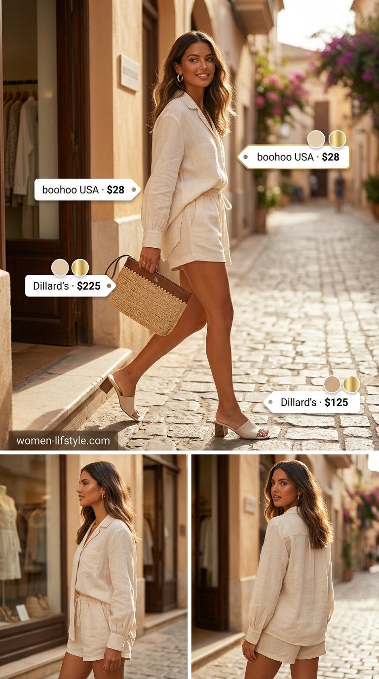 Linen Co-ord: Neutral Summer Basic Outfit for Women 2026 Stone linen shirt & shorts set with tan slides for a chic neutral summer basic outfit for women 2026.