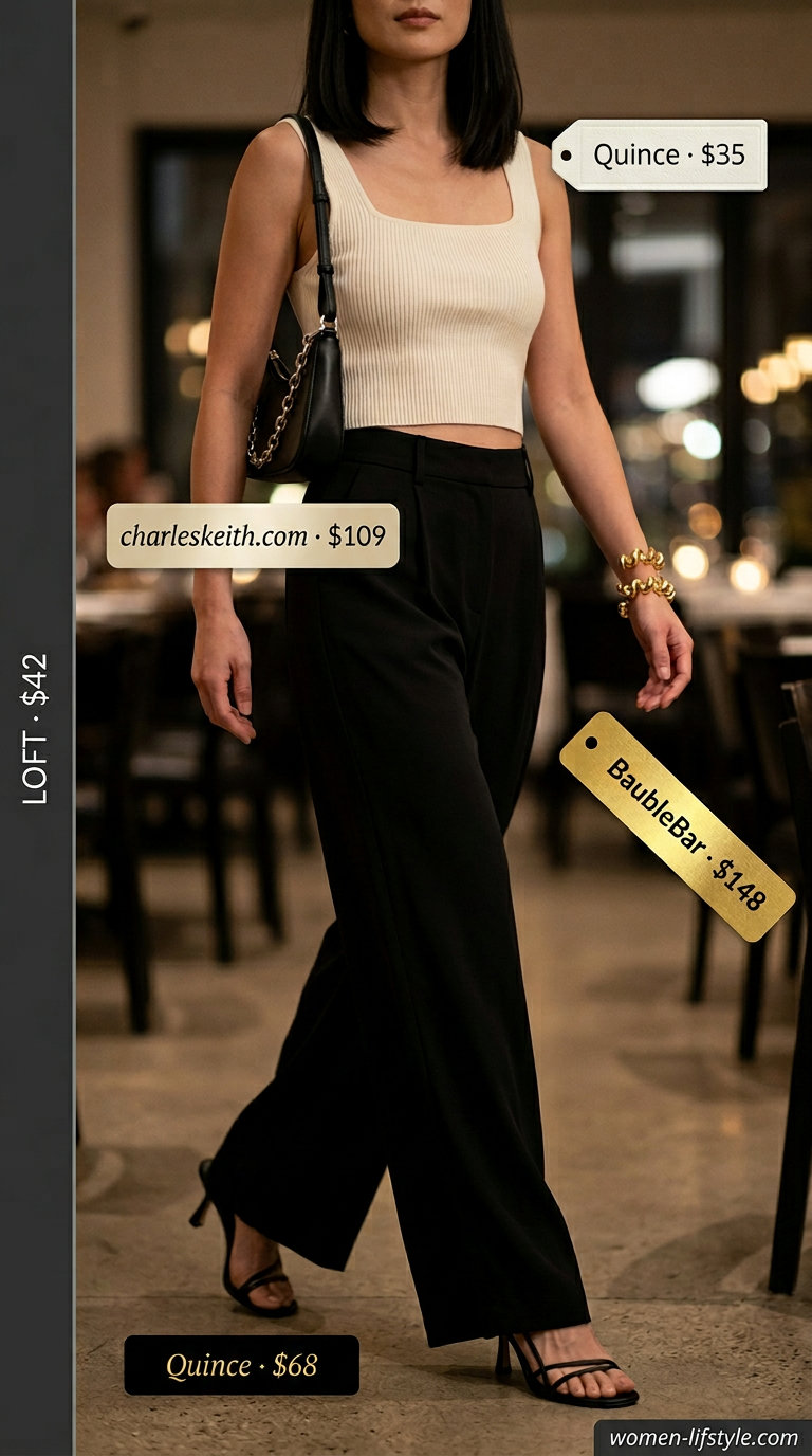 Wide Leg Pants: Neutral Summer Basic Outfit for Women 2026 Black wide-leg pants, cream crop top & gold jewelry for a chic neutral summer basic outfit for women 2026.