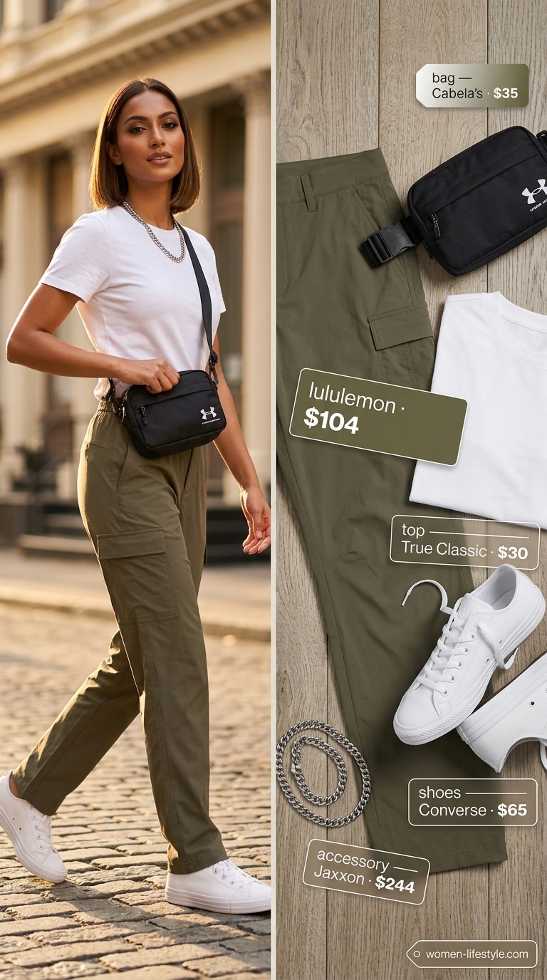 Neutral Summer Basic Outfit for Women 2026: Cargo Pants Casual cool cargo outfit in olive green and white for a neutral summer basic outfit for women 2026. Errands style.