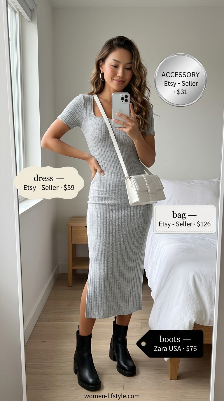 Neutral Summer Basic Outfit for Women 2026: Knit Dress Textured knit midi dress in light grey for a neutral summer basic outfit for women 2026. Chic daytime casual.