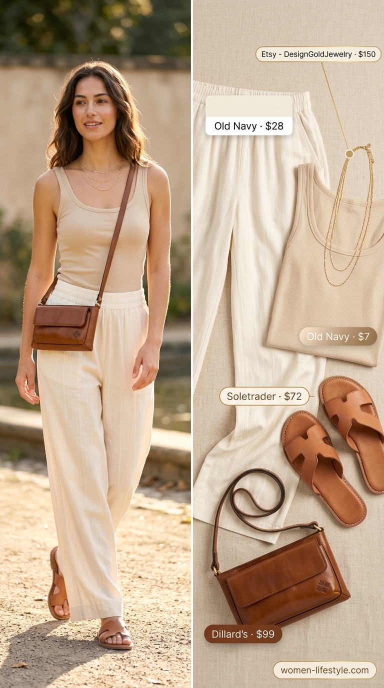 Neutral Summer Basic Outfit for Women 2026: Linen Pants Effortless linen daydream outfit in beige and cream for a neutral summer basic outfit for women 2026. Weekend brunch style.