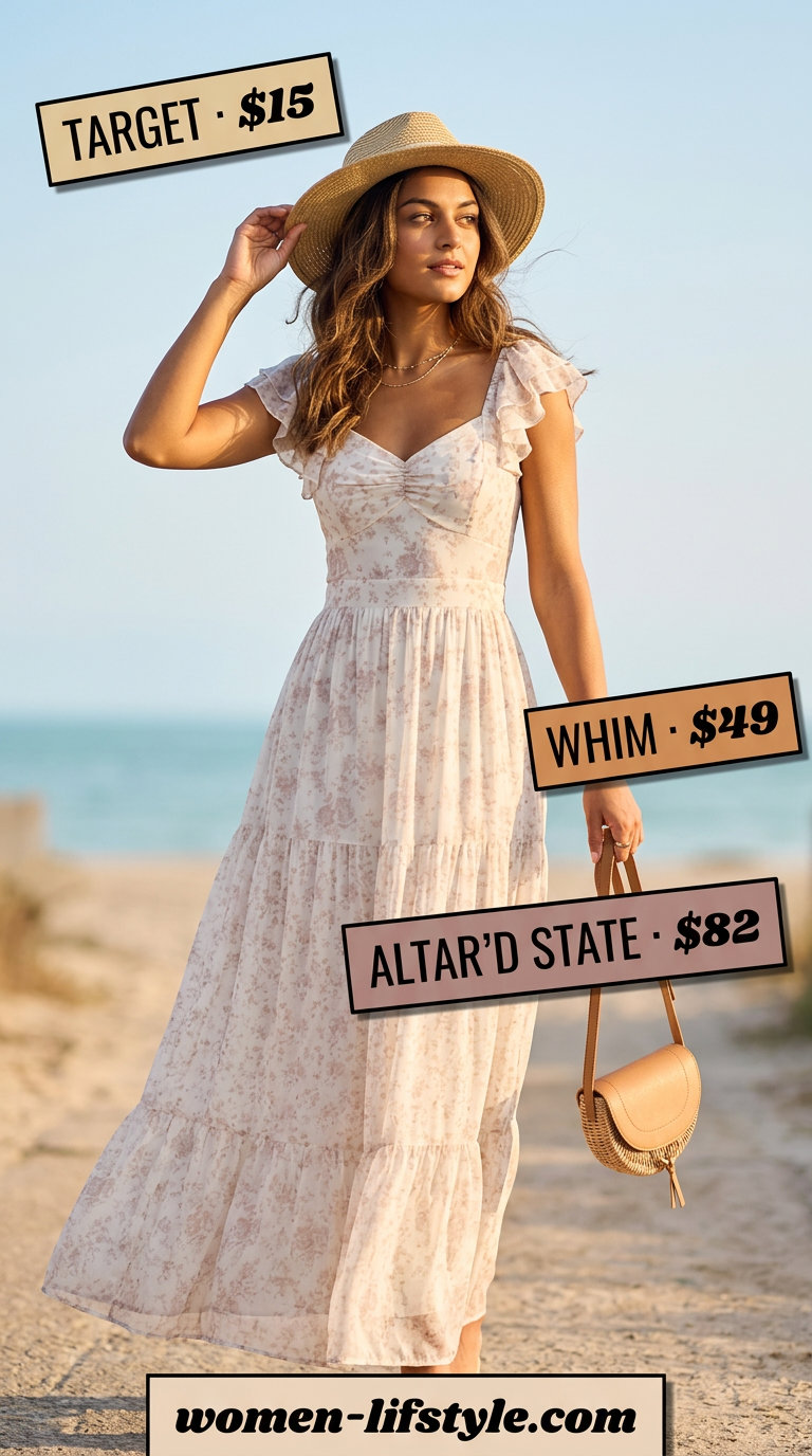Neutral Summer Basic Outfit for Women 2026: Maxi Dress Flowy tiered maxi dress in ivory for a neutral summer basic outfit for women 2026. Bohemian beach day style.