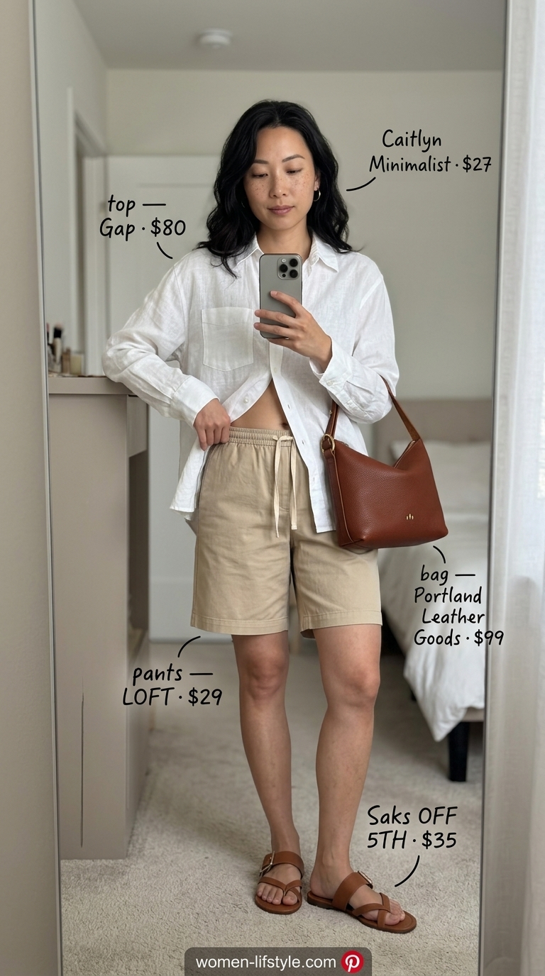 Neutral Summer Basic Outfit for Women 2026: Shirt & Shorts Oversized shirt and bermudas in white and beige for a neutral summer basic outfit for women 2026. Laid-back beach cover-up.