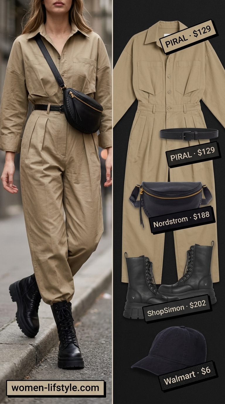 Neutral Summer Basic Outfit for Women 2026: Taupe Jumpsuit Utility jumpsuit ease in taupe and black for a neutral summer basic outfit for women 2026. Cool travel style.