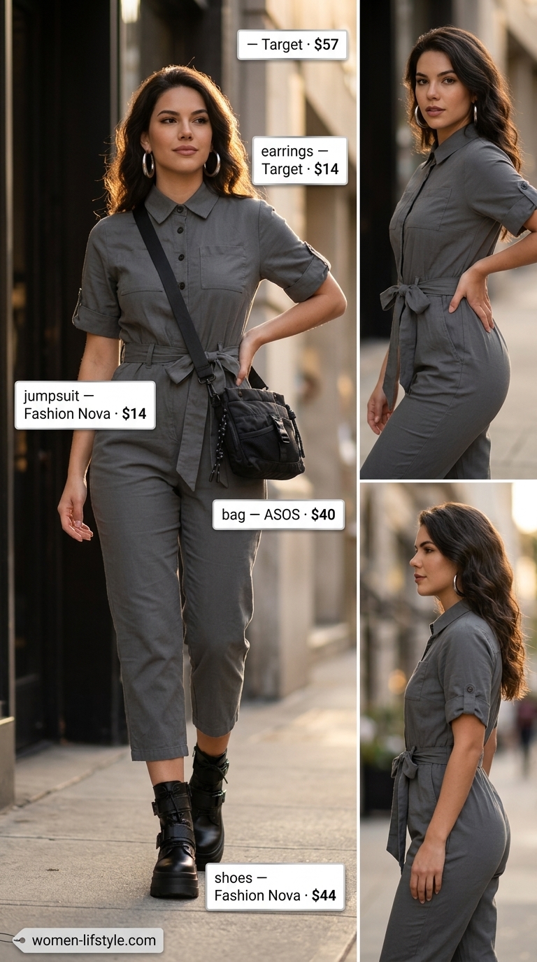 Neutral Summer Basic Outfit for Women 2026: Utility Jumpsuit Urban utility jumpsuit in charcoal grey for a neutral summer basic outfit for women 2026. Edgy city exploration style.