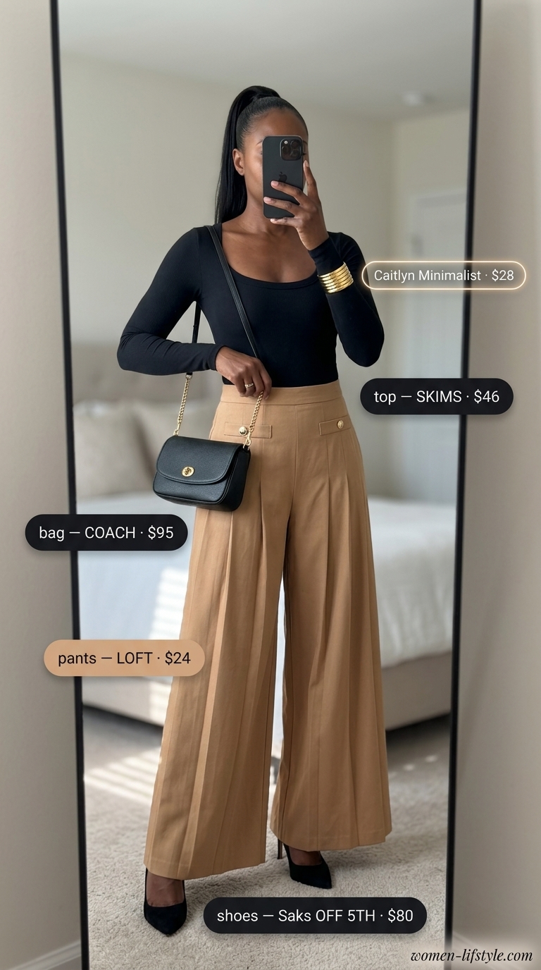 Neutral Summer Basic Outfit for Women 2026: Wide-Leg Pants Chic wide-leg pants power look in camel and black for a neutral summer basic outfit for women 2026. Office attire.