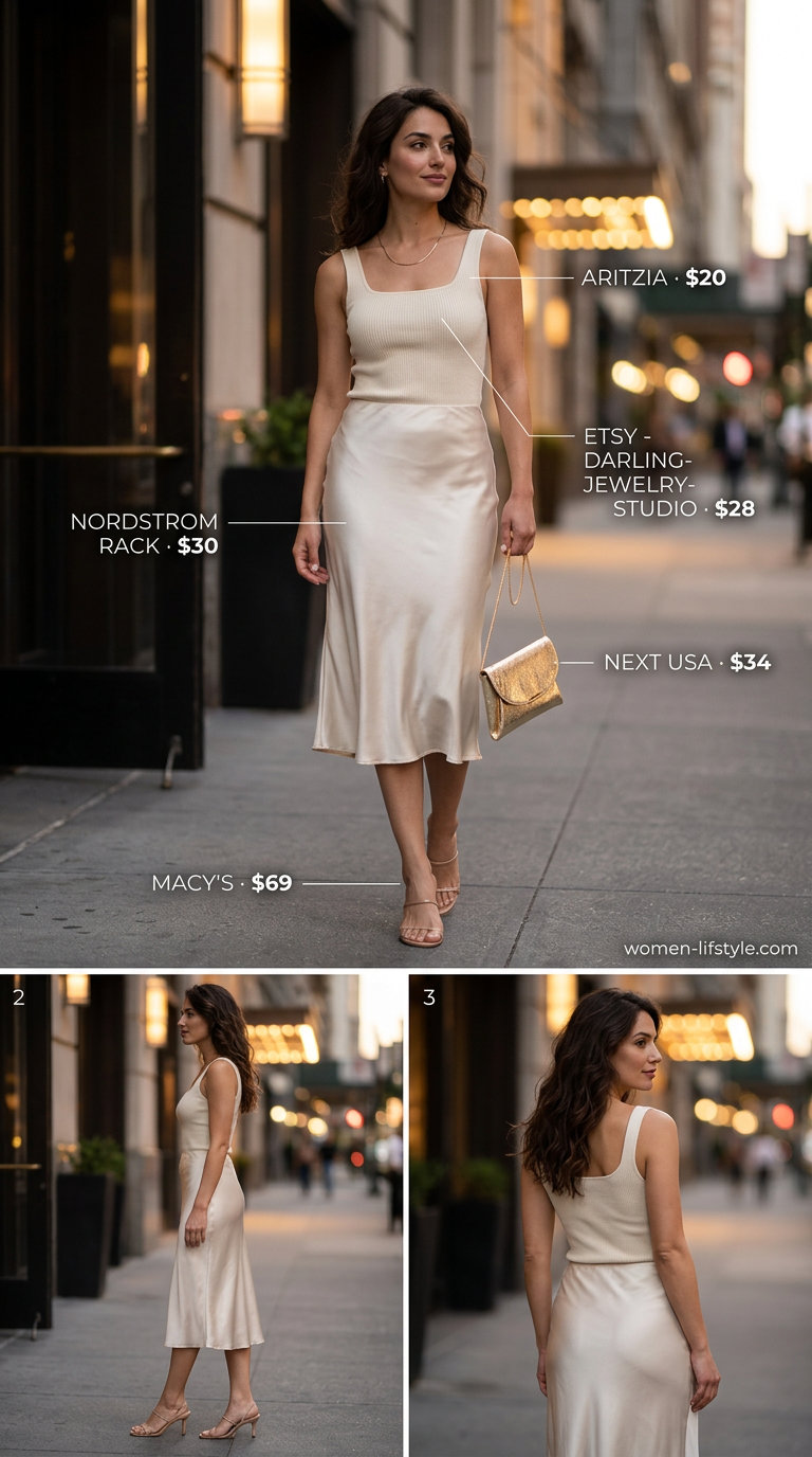 Neutral summer capsule wardrobe for women 2026: Beige slip skirt, cream tank, gold necklace, nude sandals for a luxe evening look.