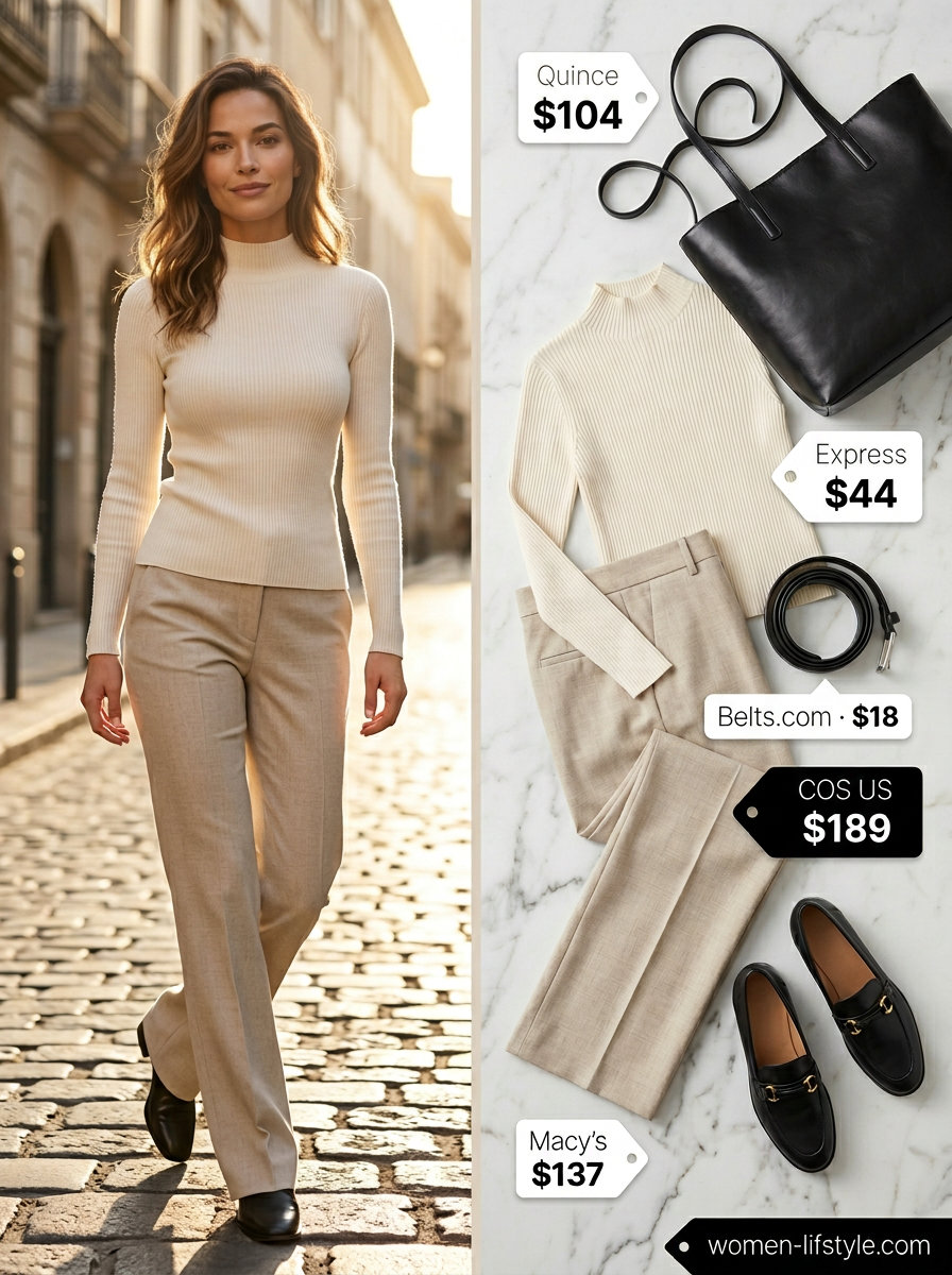 Neutral summer capsule wardrobe for women 2026: Beige trousers, cream mock neck top, black loafers & tote for polished office wear.