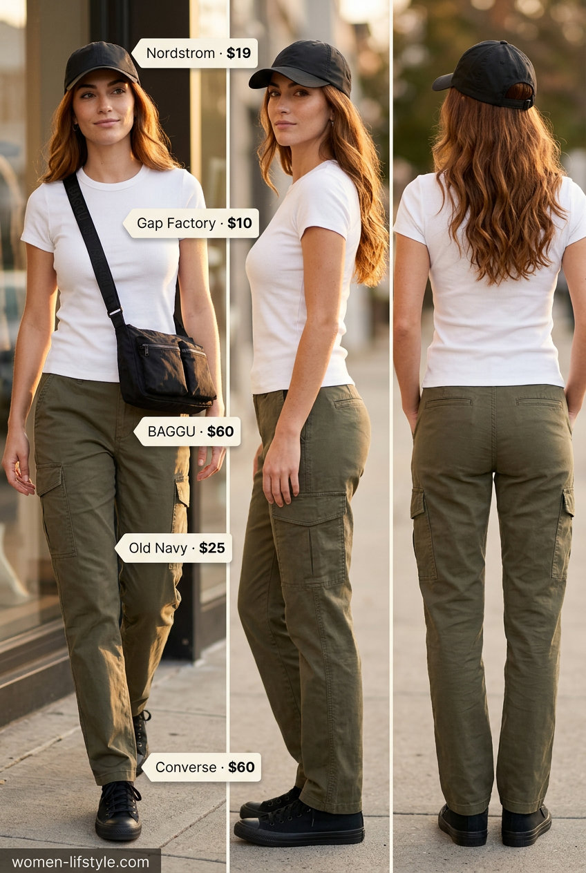 Neutral summer capsule wardrobe for women 2026: Olive green cargo pants, white tee, black sneakers & cap for casual errands.