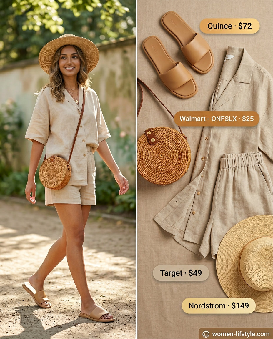 Neutral summer capsule wardrobe for women 2026: Sand linen set, leather slides, straw bag & hat for coastal vacation style.