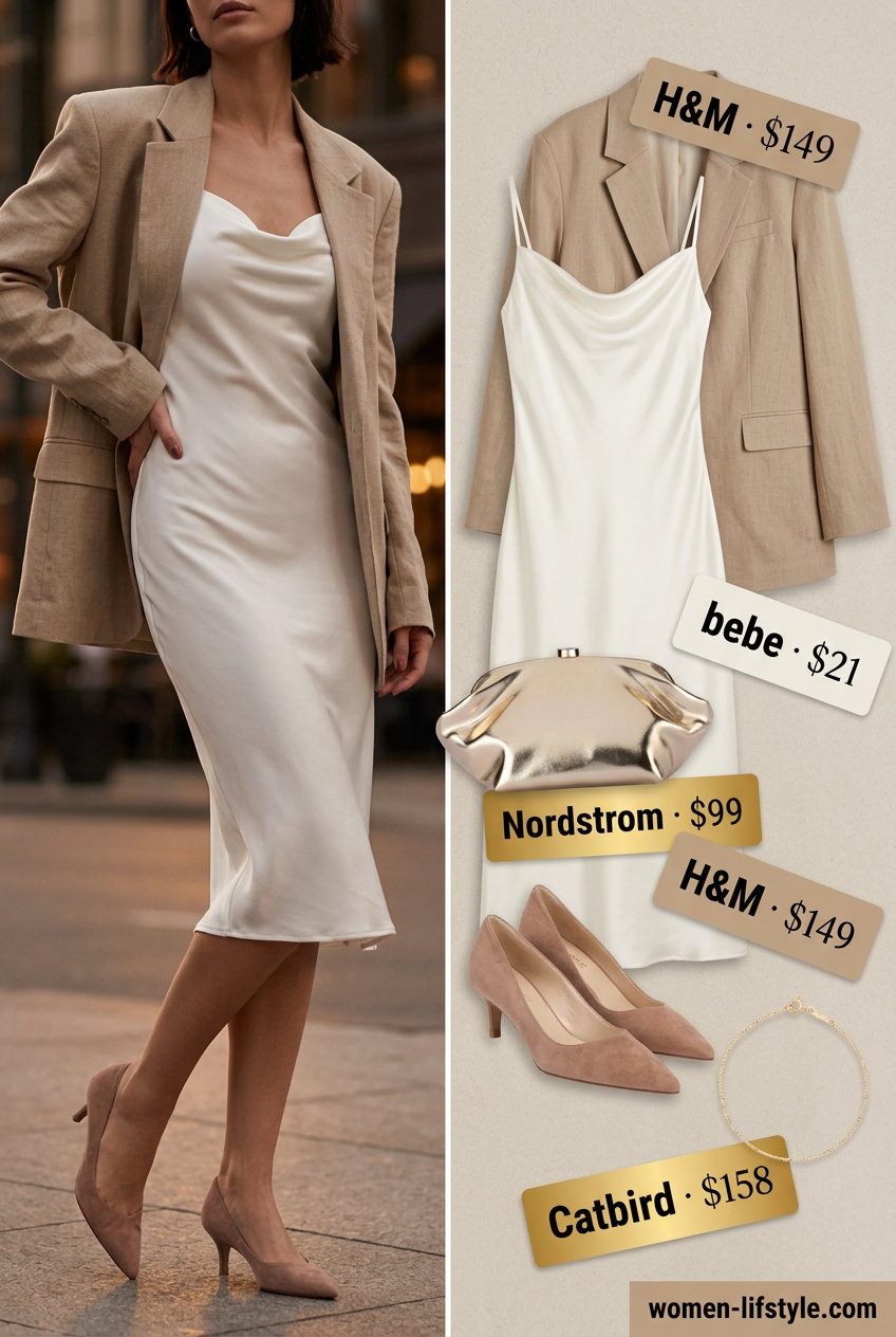 Neutral summer capsule wardrobe for women 2026: Ivory slip dress, beige blazer, kitten heels, gold bracelet for minimalist chic.