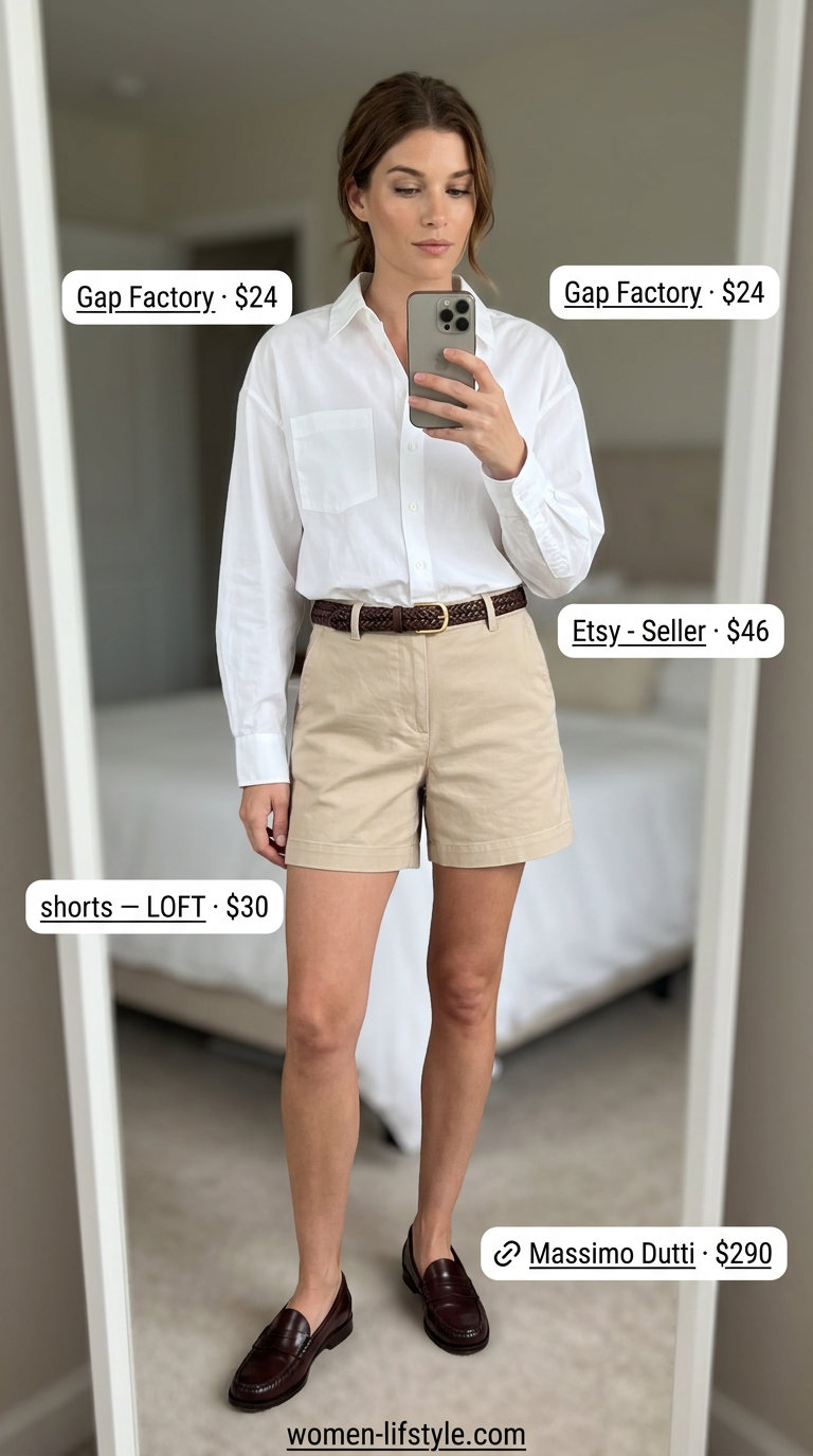 Neutral summer capsule wardrobe for women 2026: Beige shorts, white oversized shirt, brown loafers & saddle bag for smart casual.
