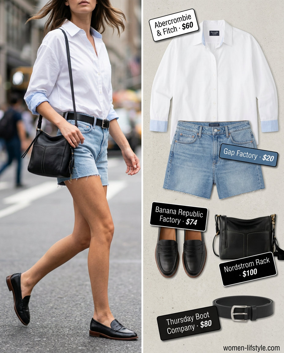 Neutral summer capsule wardrobe for women 2026: Denim shorts, white oversized shirt, black loafers. Casual weekend style.