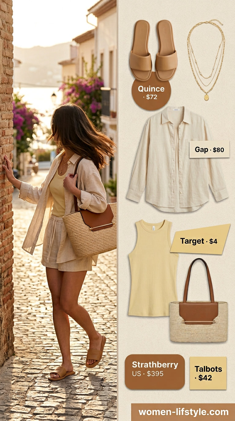Neutral summer capsule wardrobe for women 2026: Cream linen set, tan slides, straw tote. Relaxed vacation style.