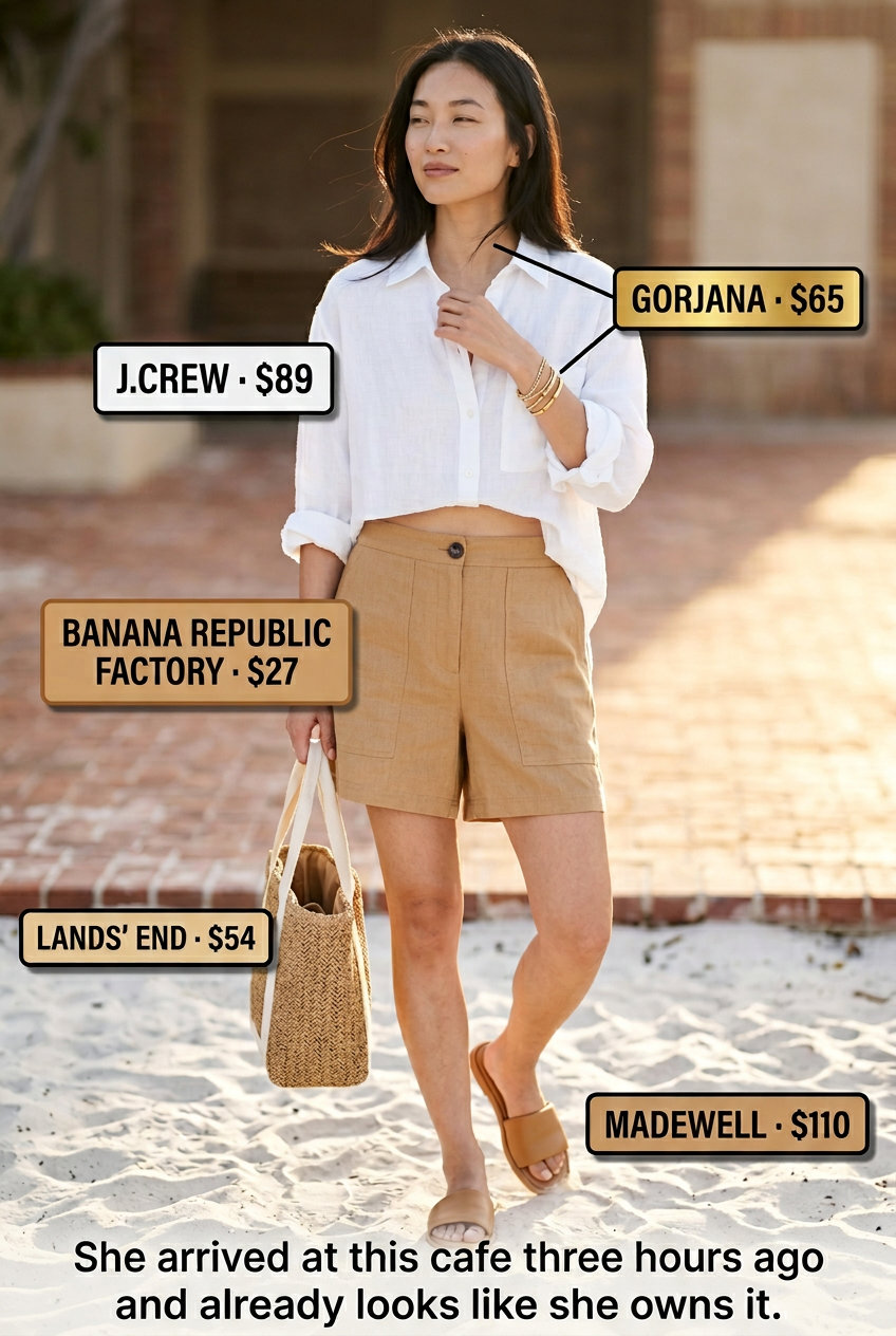 Neutral summer capsule wardrobe for women 2026: Camel linen shorts, white oversized shirt, straw tote. Relaxed beach cafe style.
