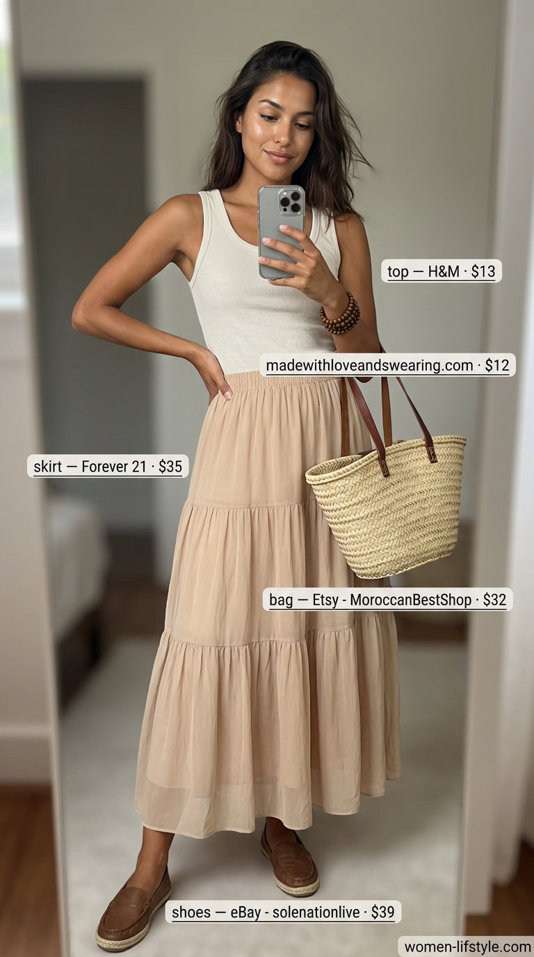 Neutral summer capsule wardrobe for women 2026: Sandy beige maxi skirt, cream knit tank, espadrilles. Elegant beach vacation style.