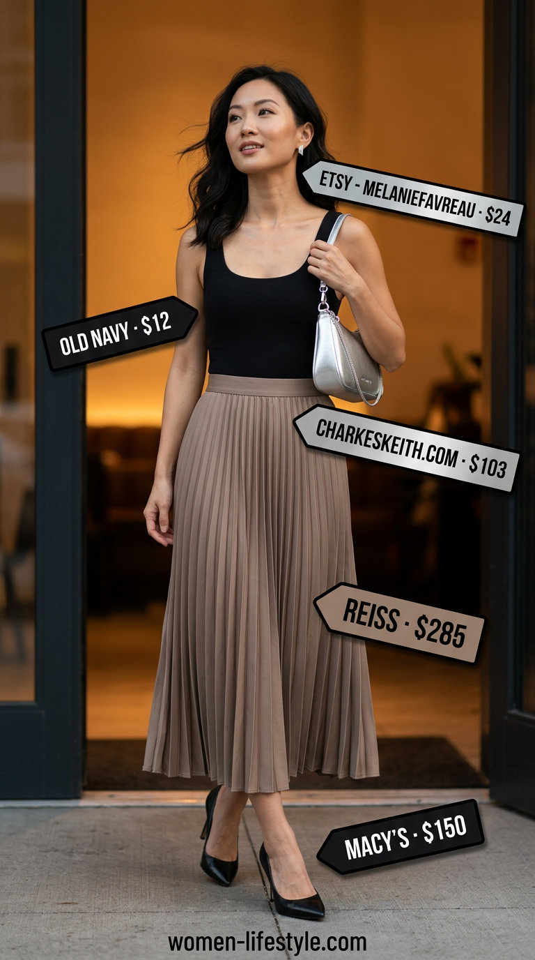 Neutral summer capsule wardrobe for women 2026: Taupe midi skirt, black bodysuit, silver pumps. Chic dinner date style.