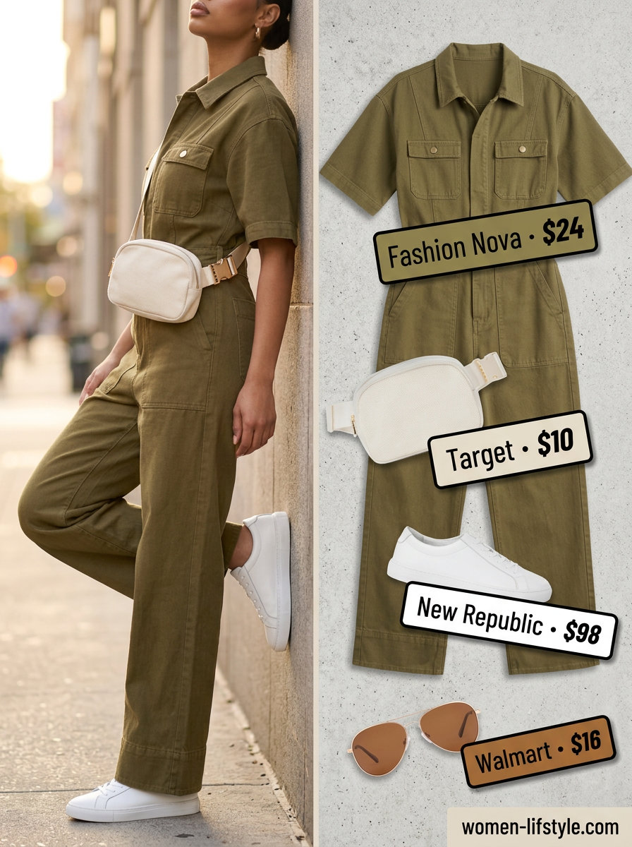 Neutral summer capsule wardrobe for women 2026: Olive green utility jumpsuit, white sneakers, tan belt bag. Casual outing style.
