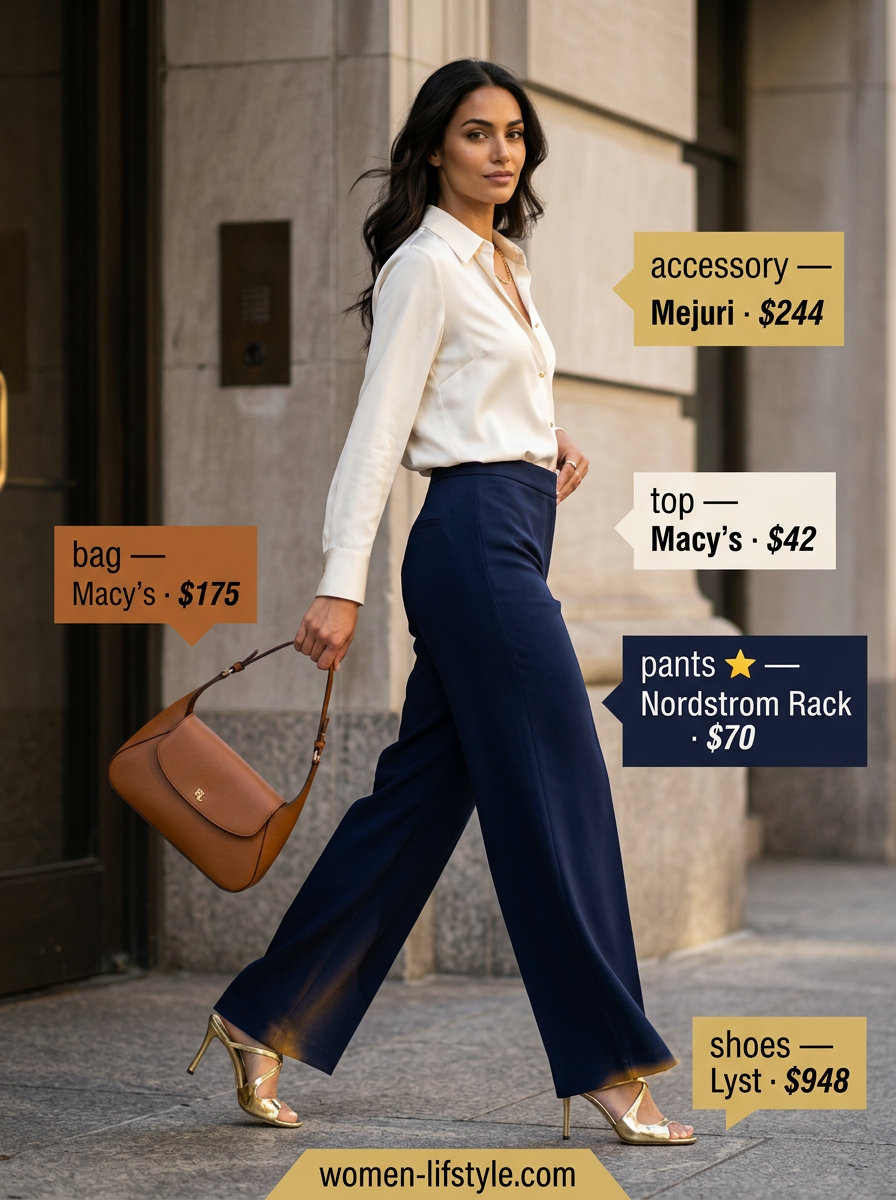 Neutral summer capsule wardrobe for women 2026: Navy wide-leg trousers, cream blouse, gold heels. Office casual and dinner style.