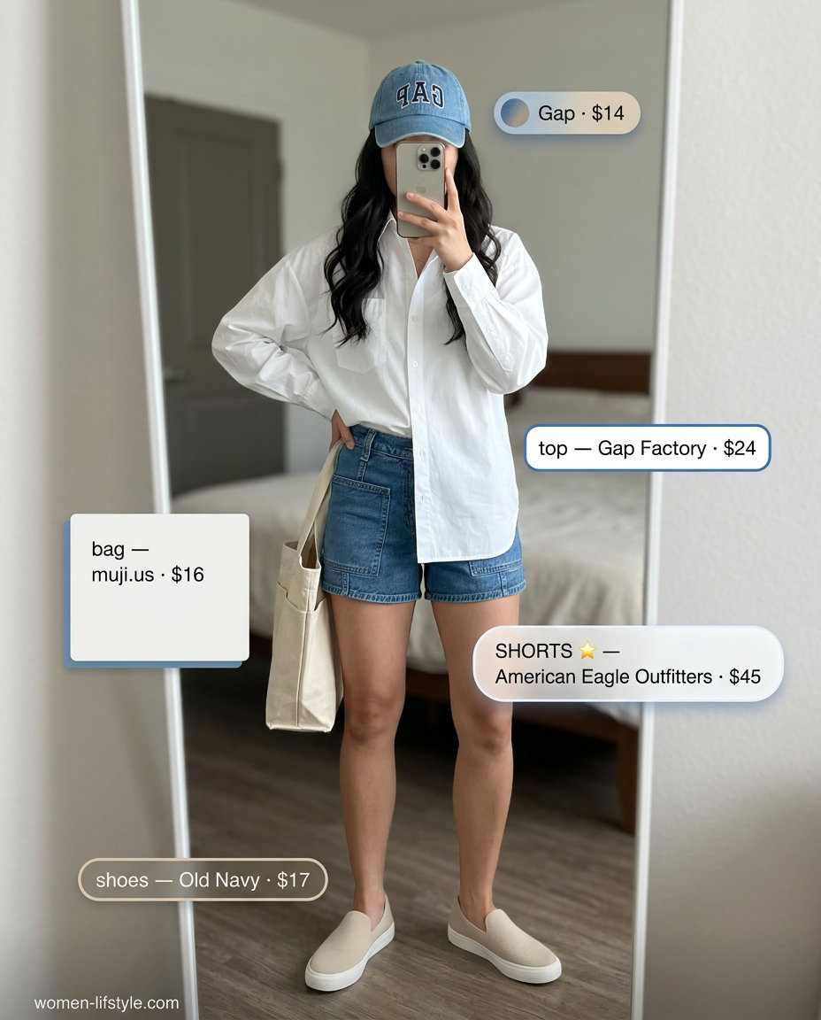 Denim shorts outfit for a neutral summer capsule wardrobe for women 2026. Oversized white shirt, denim shorts, canvas sneakers.