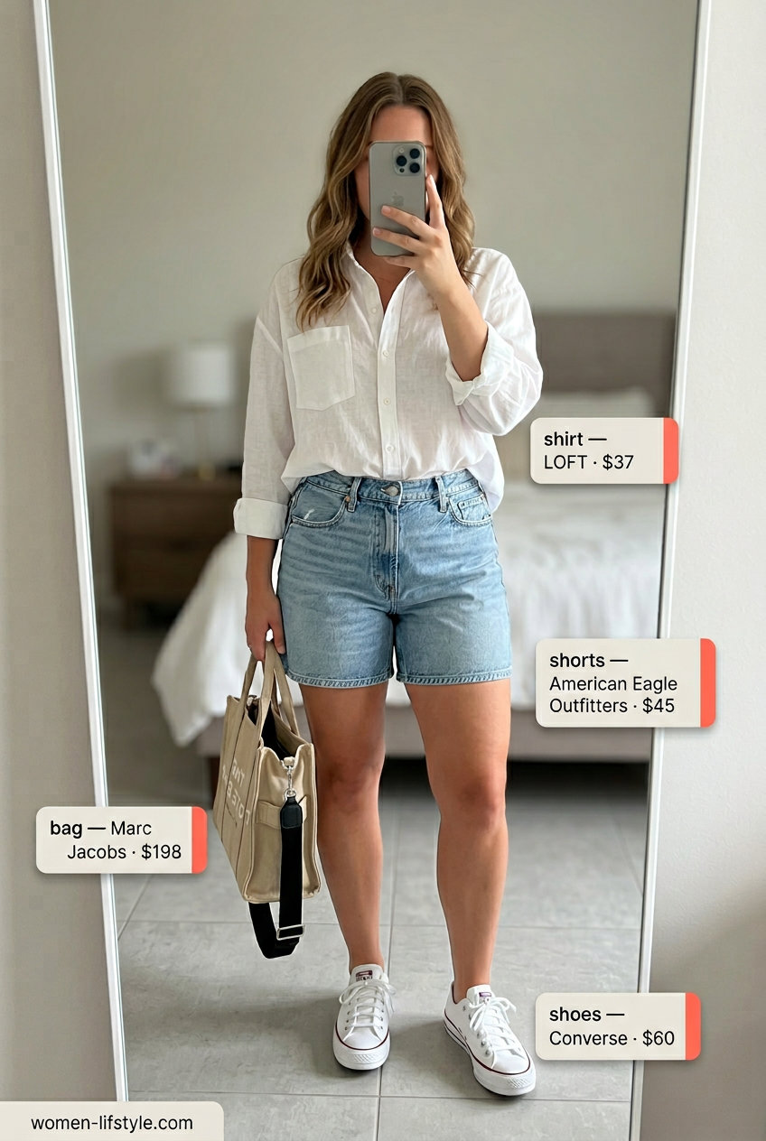 Denim shorts and linen shirt outfit for a neutral summer capsule wardrobe for women 2026. Relaxed fit shorts, oversized shirt, canvas tote.
