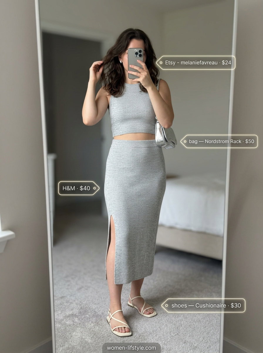 Light grey knit skirt set outfit for a neutral summer capsule wardrobe for women 2026. Ribbed midi skirt, tank top, metallic bag.