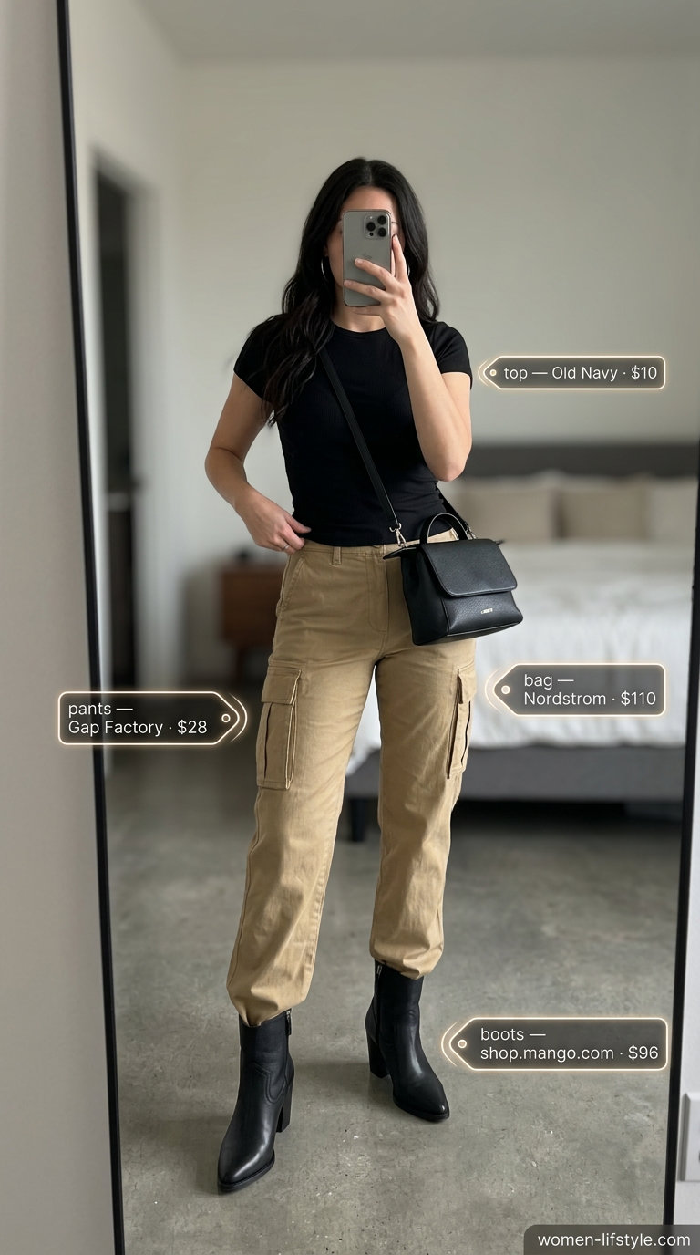 Khaki cargo pants outfit for a neutral summer capsule wardrobe for women 2026. Tailored cargo pants, black knit top, leather boots.