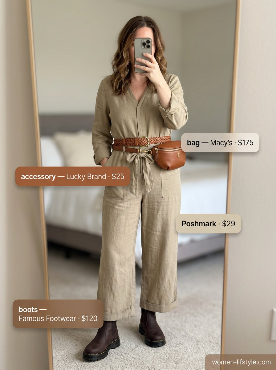 Khaki utility jumpsuit outfit for a neutral summer capsule wardrobe for women 2026. Wide-leg jumpsuit, Chelsea boots, woven belt.