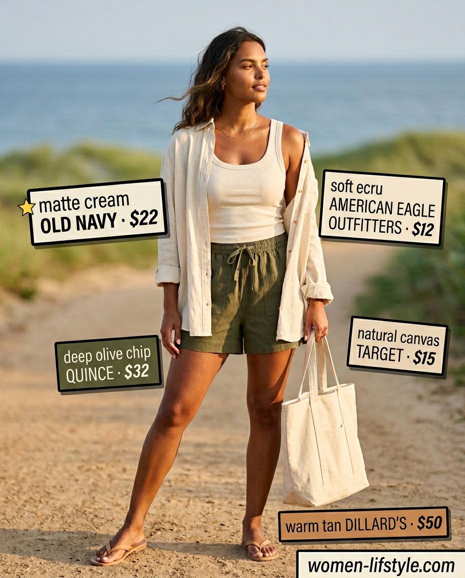 Olive green linen shorts outfit for a neutral summer capsule wardrobe for women 2026. Oversized shirt, ribbed tank, leather sandals.