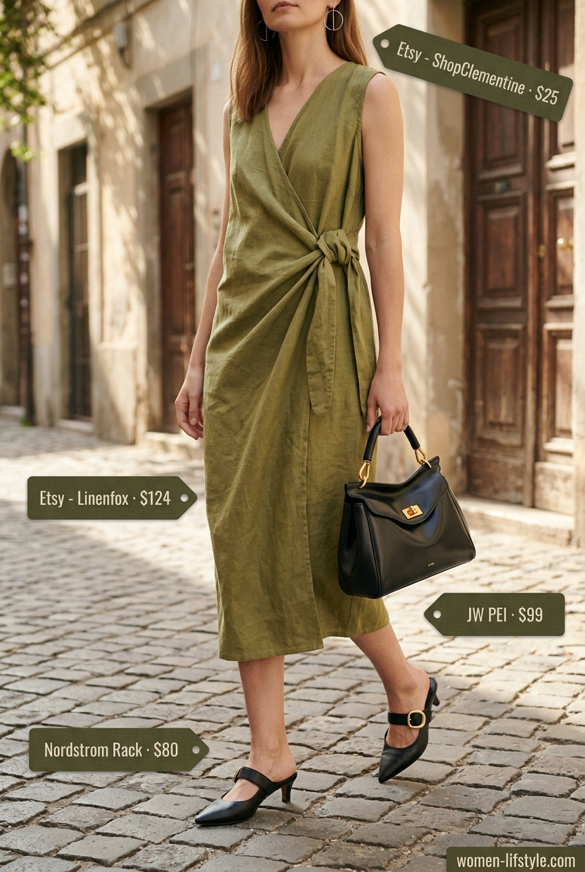 Olive green midi dress outfit for a neutral summer capsule wardrobe for women 2026. Sleeveless wrap dress, black mules, silver earrings.