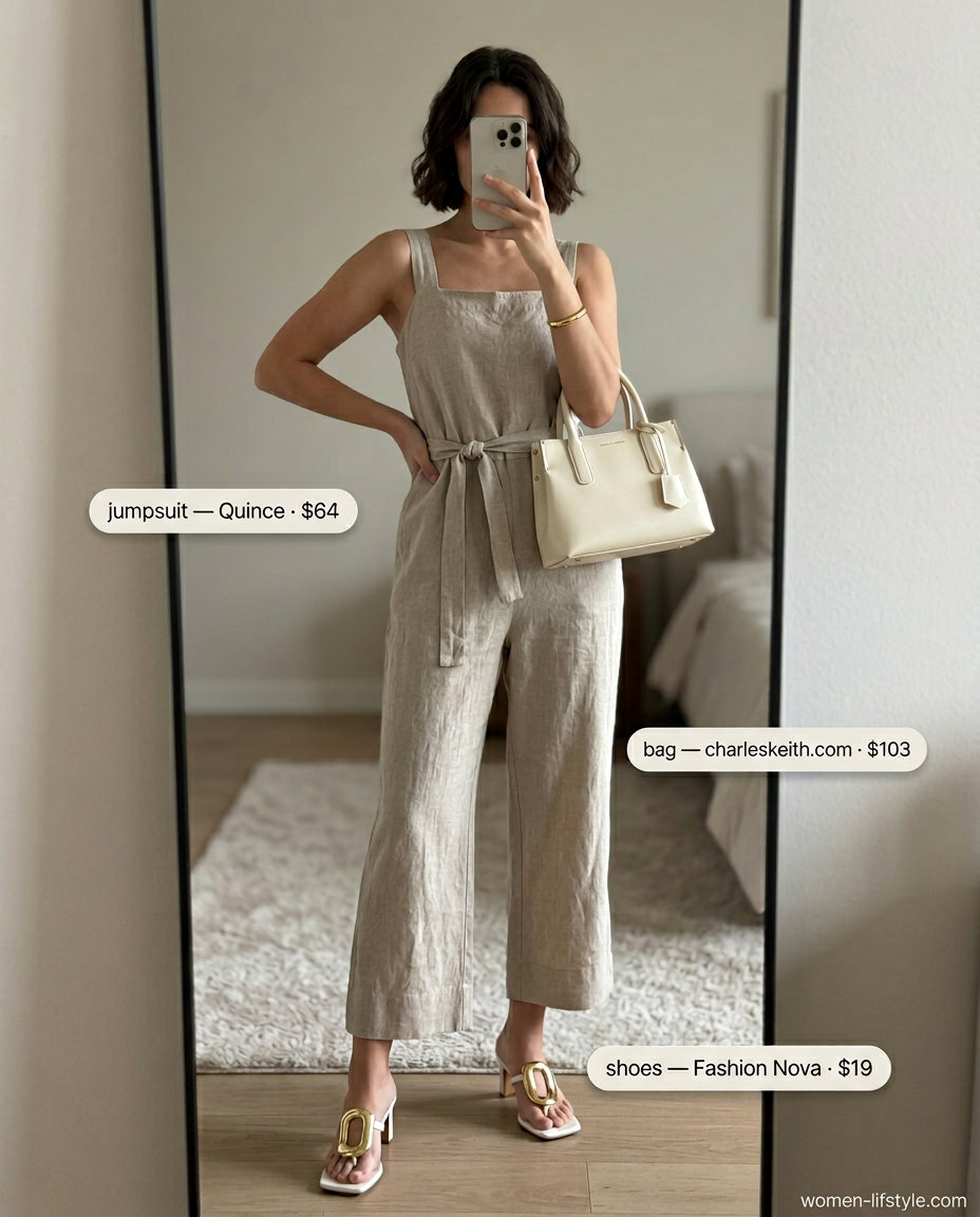 Taupe linen jumpsuit outfit for a neutral summer capsule wardrobe for women 2026. Wide-leg jumpsuit, heeled mules, gold bangle.