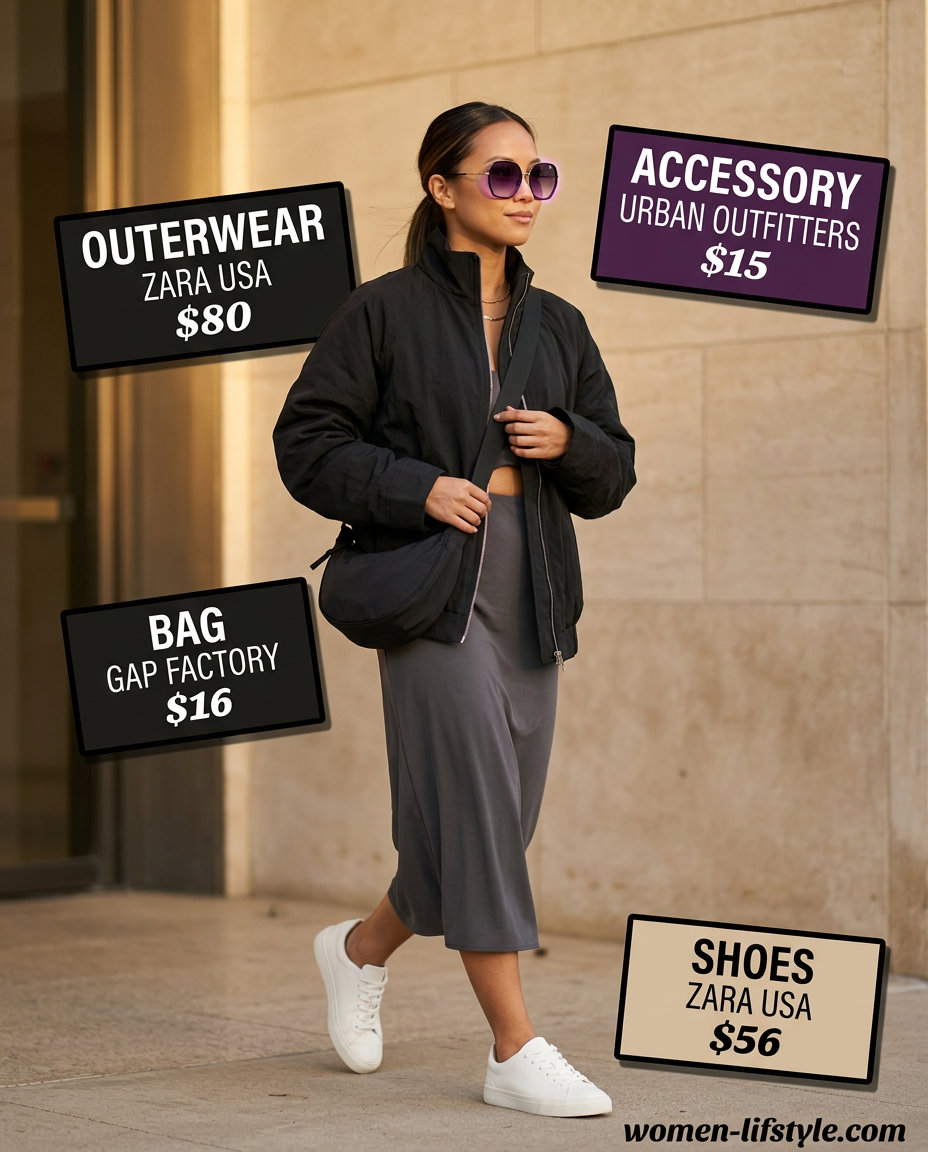 Petite summer midi outfits for women 2026: Comfortable charcoal grey jumpsuit with white sneakers for travel.