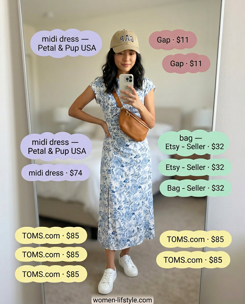 Petite summer midi outfits for women 2026: Casual cargo pants outfit with midi dress, sneakers, and belt bag.